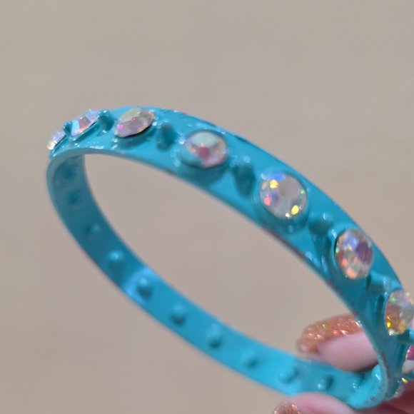 Vintage Retro Turquoise Metal Bangle Bracelet Aurora Borealis Glass Rhinestones - Picture 6 of 13